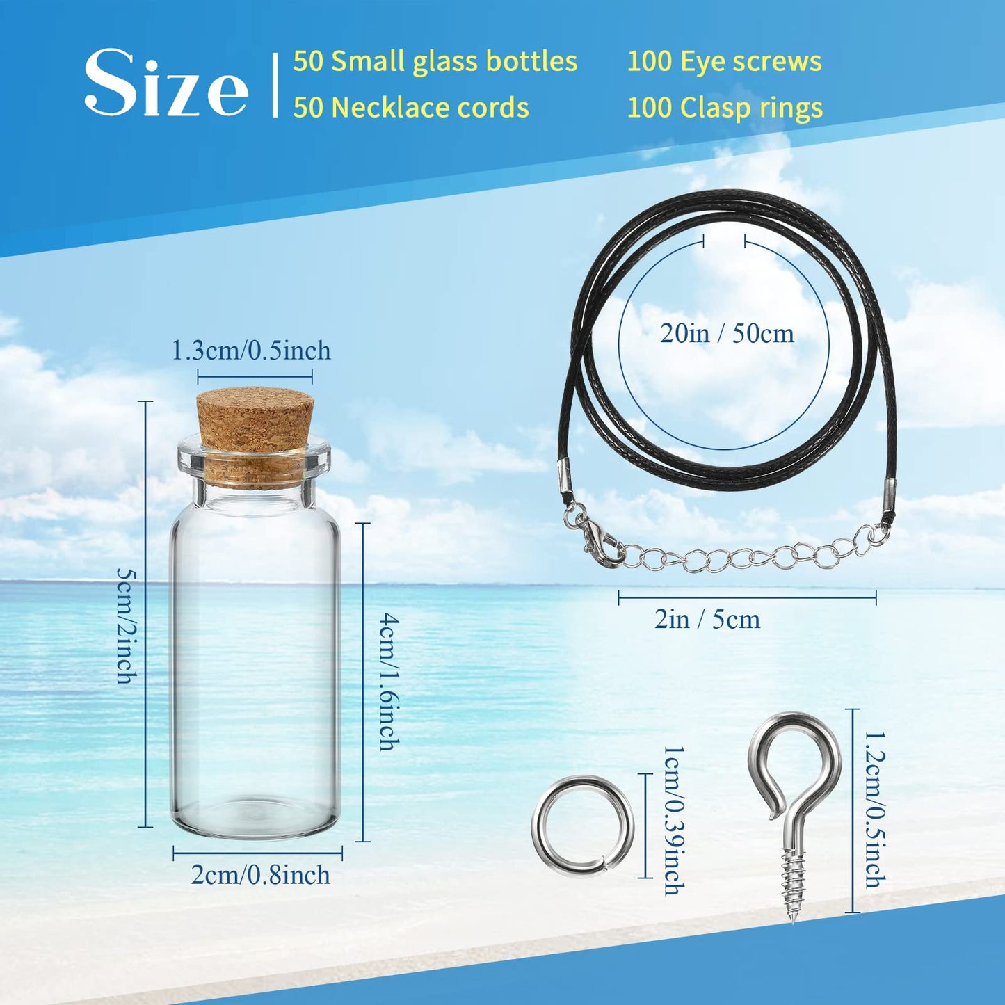 Sawysine 50 Set 10 ml Mini Glass Bottles with Cork Necklace Glass Tiny Wishing Bottle Vial Black Waxed Cord Eye Screws Clasp Rings for DIY Crafts Container Jars(Black)