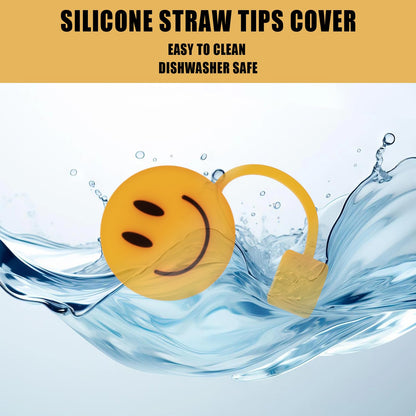 Whaline 6 Pcs Groovy Smile Face Straw Covers 0.4 Inch Silicone Reusable Round Straw Topper Double Sided Pattern Straws Tip Covers for 30 & 40 Oz Tumbler with Handle