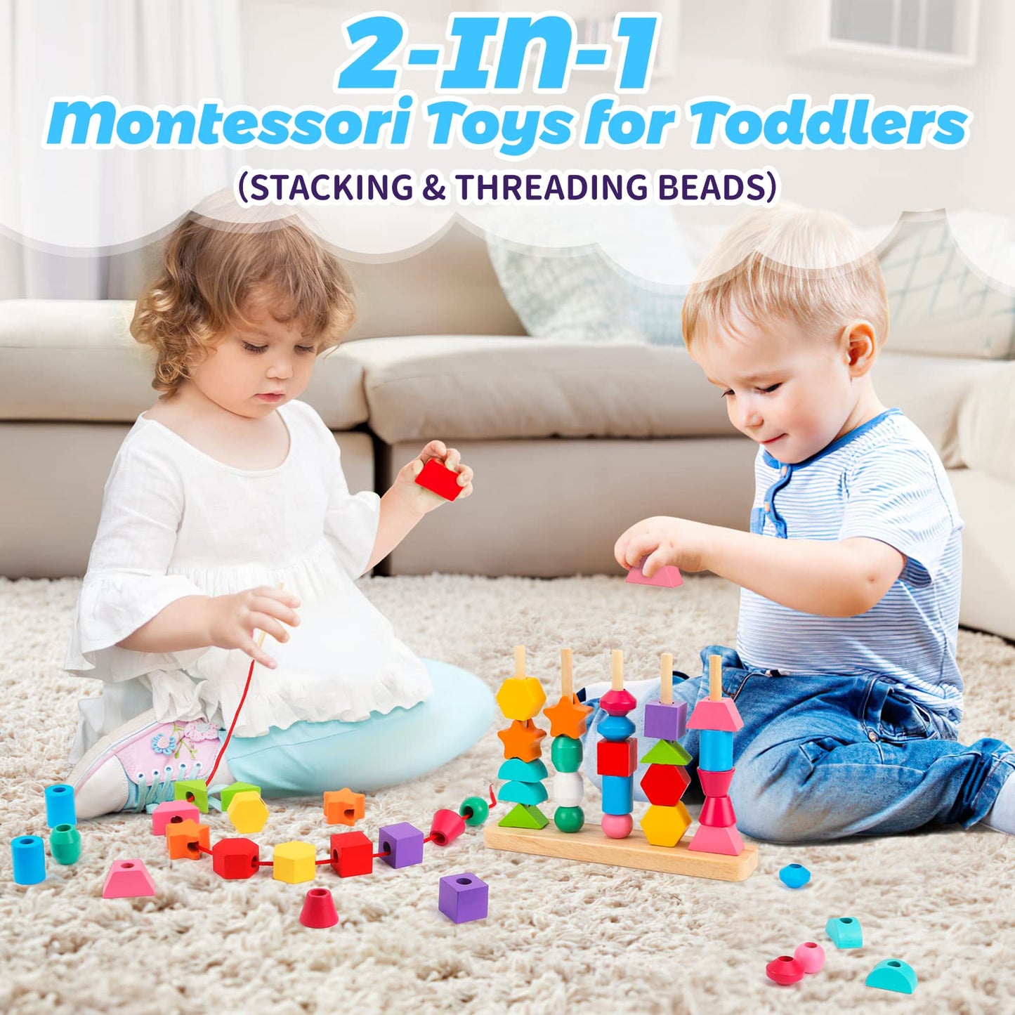 Montessori Wooden Beads Sequencing Toy Set, Stacking Blocks & Lacing Beads & Matching Shape Stacker, Montessori Toys for 3 4 5 Year Old STEM Preschool Learning Toys Gifts for Kids Boy Girl Toddler