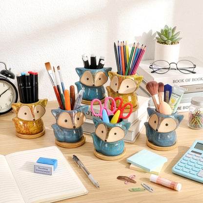 Dicunoy 6 Pack Mini Animal Succulent Planters with Bamboo Tray, 4" Ceramic Fox Flower Pots with Drainage Hole, Cute Cactus Planter for Indoor Plants, Home, Office, Window Decoration