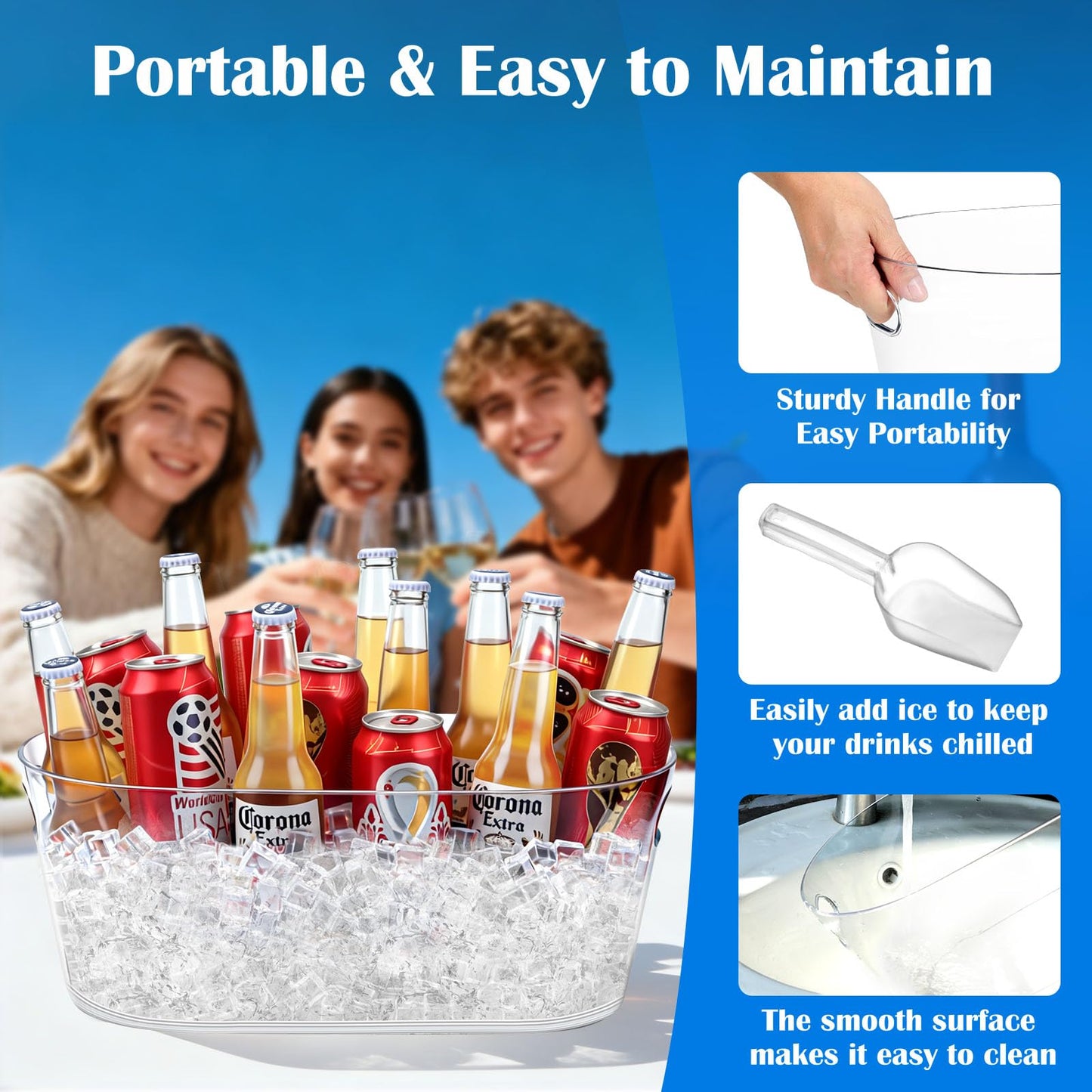 Ice Buckets for Parties 2 Packs, 15L Large Ice Bucket with 2 Scoops, Clear Acrylic Plastic Tub for Home Office Fridge Storage, Supplies for Champagne, Beer, Cocktail on Mimosa Bar Drinks and Parties