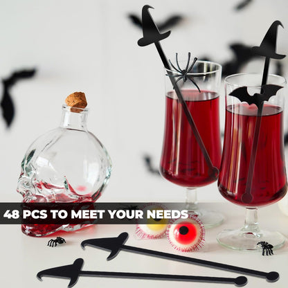 LemonRoad 48 Pcs Witch Party Supplies Swizzle Sticks Black Plastic Coffee and Cocktail Stirrers 5.9 Inch Reusable Black Witch Hat Cocktail Mixers Bulk for Bar Weddings Events Halloween (Classic)