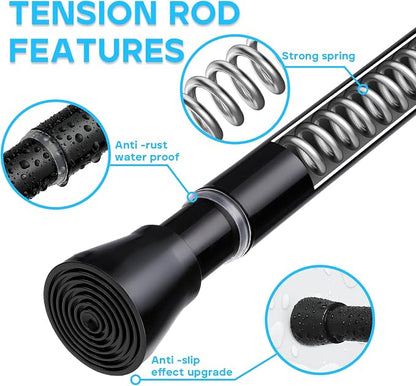 MEXAU 2 Pack Black Shower Curtain Rod 45 To 77 Inch Tension Shower Rod For Bathroom 7/8" Adjustable Spring Curtain Rod No Drilling Black Spring Rod Tension Curtain Rods for Windows Doorway Closet