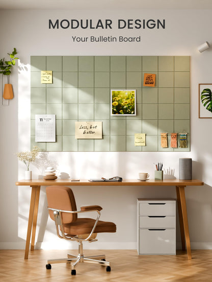 Bumusty Large Felt Bulletin Board, 48" x 36" Cork Board Alternative, 12-Pack Wall Tiles with 4-Compartment Design, 30 Push Pins, 70 Adhesive Tabs, Ideal for Office & Home Decor, Sage