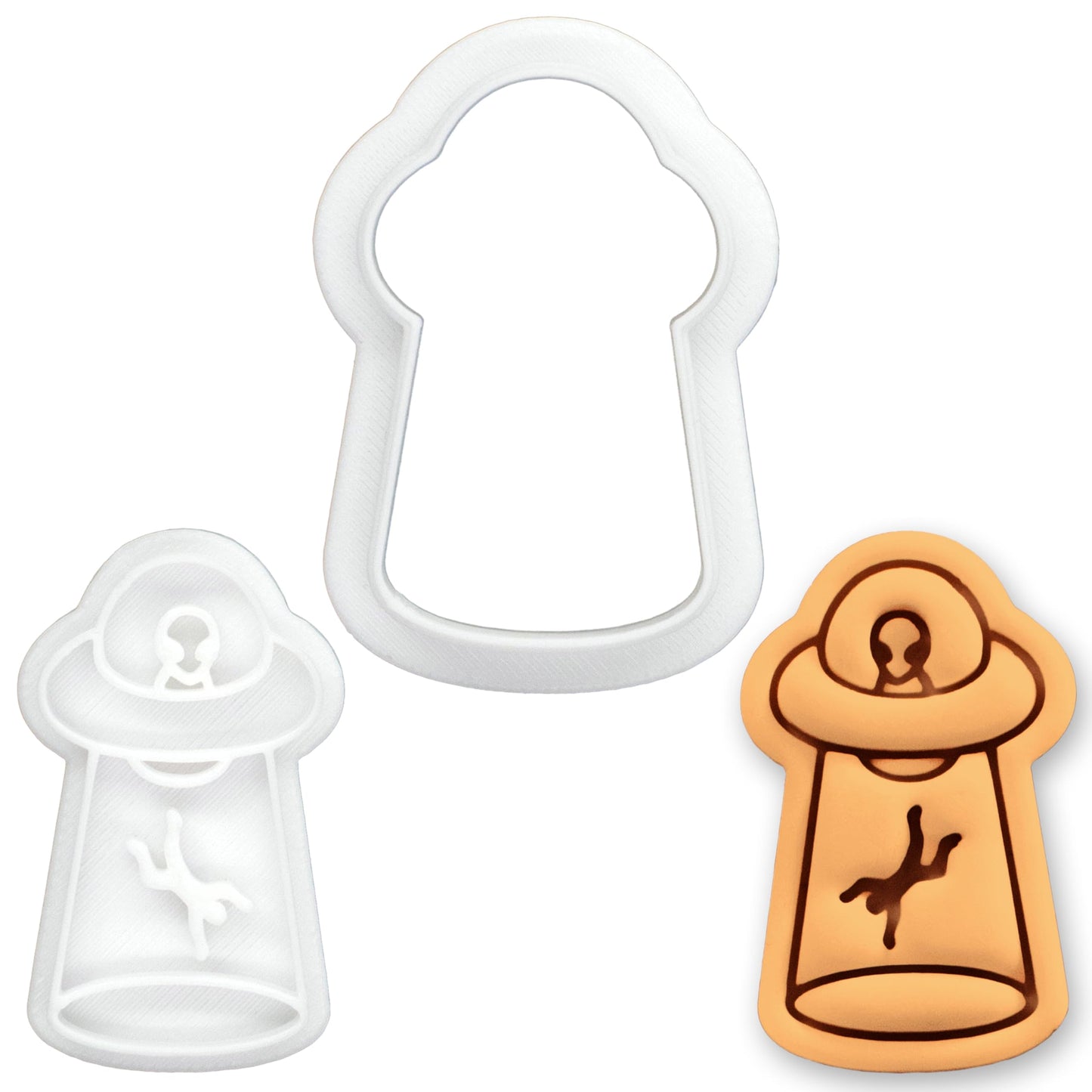 BAKERLOGY UFO Abduct Man Mini Cookie Cutter and Stamp Set – Alien Spaceship Biscuit Cutter Fondant Embosser for Sci-Fi Baking, Halloween Cupcake Toppers, Abduction Dessert Decoration Tool