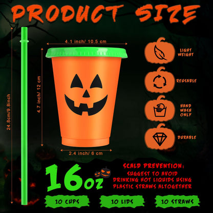 Skylety 10 Pcs Halloween Plastic Cups with Lids and Straws 16 oz Pumpkin Jack O Lantern Cups Plastic Tumbler Harvest Party Supplies Halloween Party Favors Supplies for Coffee Tea Cold Drinks
