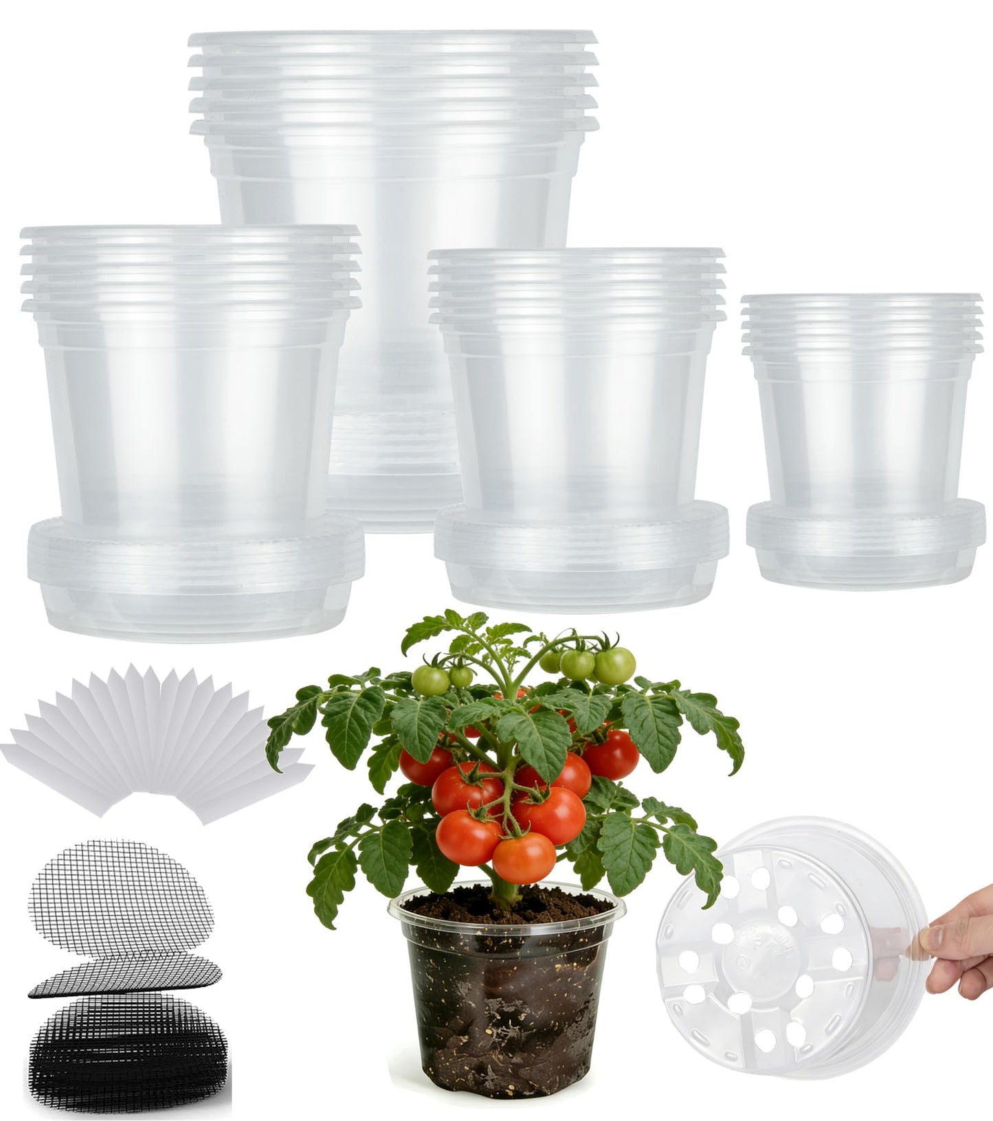 RZOIKZOI 20-Pack Clear Nursery Pots with Saucers (4/5/6/7 Inch)– Transparent Plastic Plant Pots with Drainage Holes and 20 Labels, Assorted Sizes for Seed Starting, Succulents, Indoor and Outdoor Use