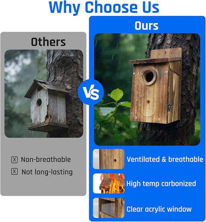 Natural Wood Birdhouse for Outside, Wooden Nesting Box with Circular Entrance Hole and Perch， Blue Bird Houses for Outdoors with Clear View Panel & Predator Guard for Blue Robin, Wren, Swallow