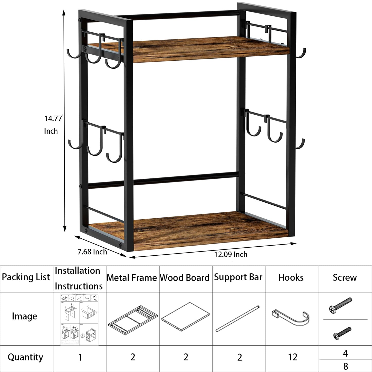 Dorhors 2 Tier Coffee Bar Accessories and Organizer,Multi-functional Mug Holder with 12 Hooks,Wood Coffee Station Organizer,Kitchen Countertop Shelf (Rustic Brown)