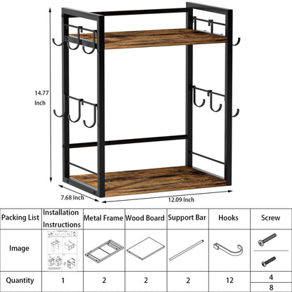 Dorhors 2 Tier Coffee Bar Accessories and Organizer,Multi-functional Mug Holder with 12 Hooks,Wood Coffee Station Organizer,Kitchen Countertop Shelf (Rustic Brown)