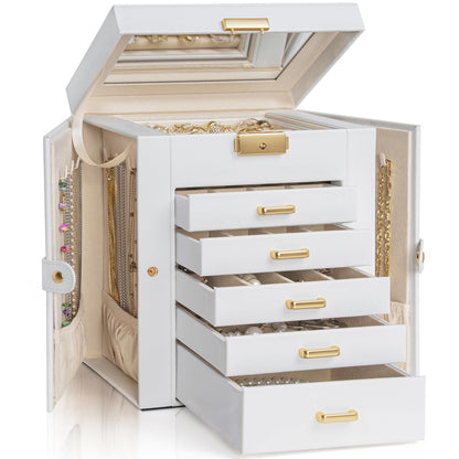 AKOZLIN 6-Tier Jewelry Box Lockable Leather Jewelry Storage Case with 5 Drawers for Women Girls Ring Necklace Earring Bracelet Holder Organizer with Mirror