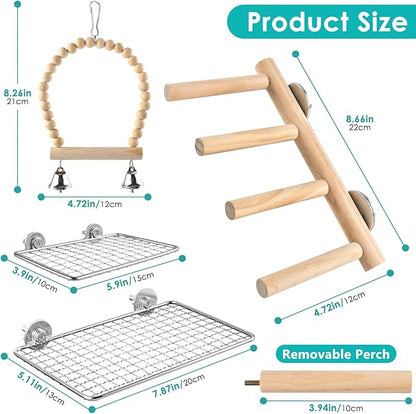DBNESS 4Pcs Bird Perches Toys, Stainless Steel Perch Platform (2 Sizes), Natural Wood Parrot Climbing Ladder & Swing with Bell, Play Gym Cage Accessories for Budgie Cockatiel Lovebird Canary Conure