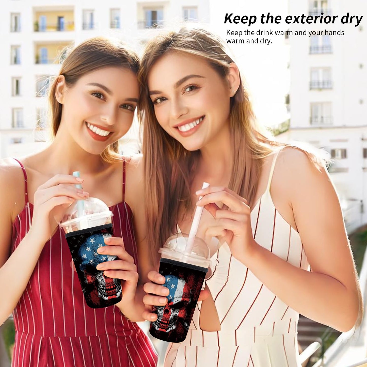 AMZXCFGL 3 Pack Reusable Neoprene Insulator Sleeve for Iced Coffee Cups, Cute Funny Coffee Cup Sleeve, Universal Fit 16-32oz Cups for Hot Cold Beverages Cute Skull Flag