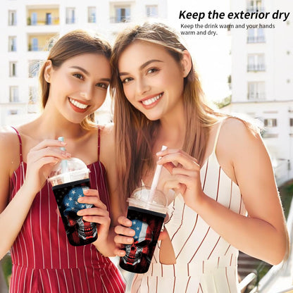AMZXCFGL 3 Pack Reusable Neoprene Insulator Sleeve for Iced Coffee Cups, Cute Funny Coffee Cup Sleeve, Universal Fit 16-32oz Cups for Hot Cold Beverages Cute Skull Flag