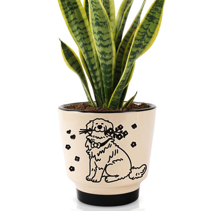 STHIE 5 inch Ceramic Plant Pot, Round Planters for Indoor Plants with Drainage Hole, Ice Crack Decorative Flower Pot, Cute Planters for Snake Plant (Flower Dog)
