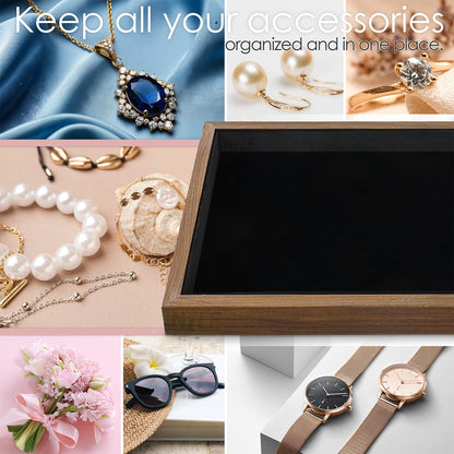 MOOCA 2 Pcs Wooden Jewelry Display Tray, Presentation Tray, Organizer for Rings, Necklaces, Earrings, and Accessories, Walnut Color with Black Suede, 14" W x 9.6" D x 1.2" H
