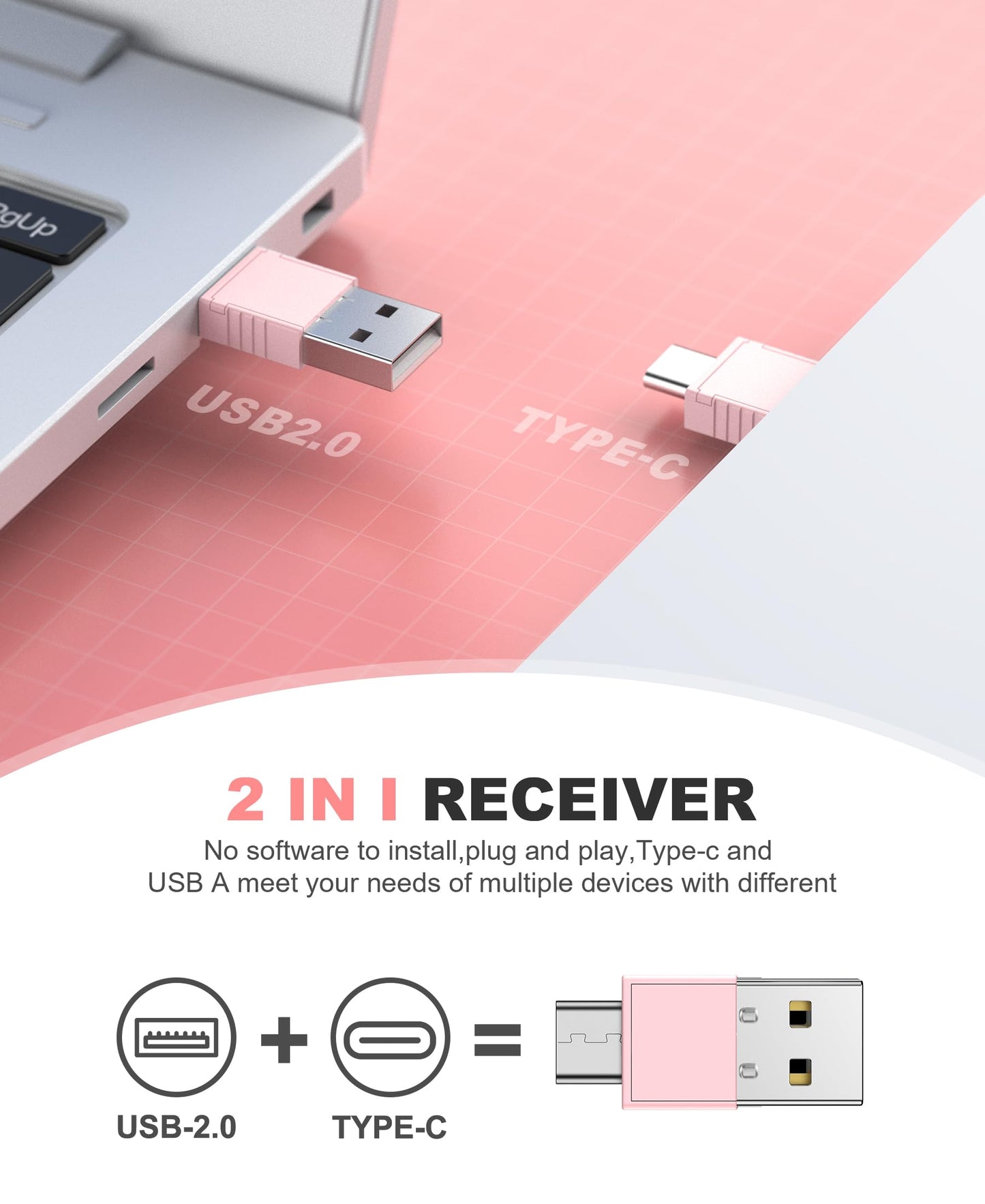 DINOSTRIKE Pink Wireless Presentation Remote with Air Mouse, Rechargeable USB C Slide Clicker Compatible with PowerPoint for Mac and Windows Laptops (2.4GHz)
