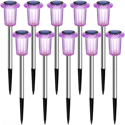 DenicMic Solar Halloween Lights Outdoor 10 Pack Waterproof Outside Lights for Yard Pathway Garden Driveway Walkway Landscape Path Lighting Purple LED Stainless Steel Stake Halloween Decor
