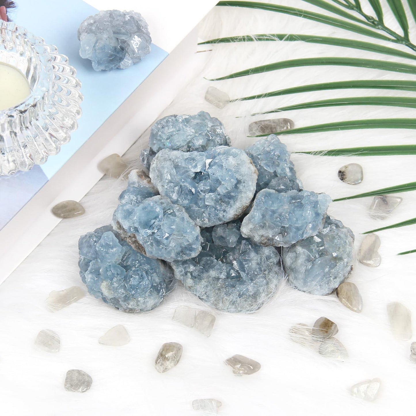 1.1lb Bulk Raw Celestite Cluster Rough Crystal-Natural Celestite Cluster Raw Stones Crystal for Tumbling, Cabbing, Fountain Rocks, Decoration, Polishing, Wire Wrapping, Wicca & Reiki Crystal Healing