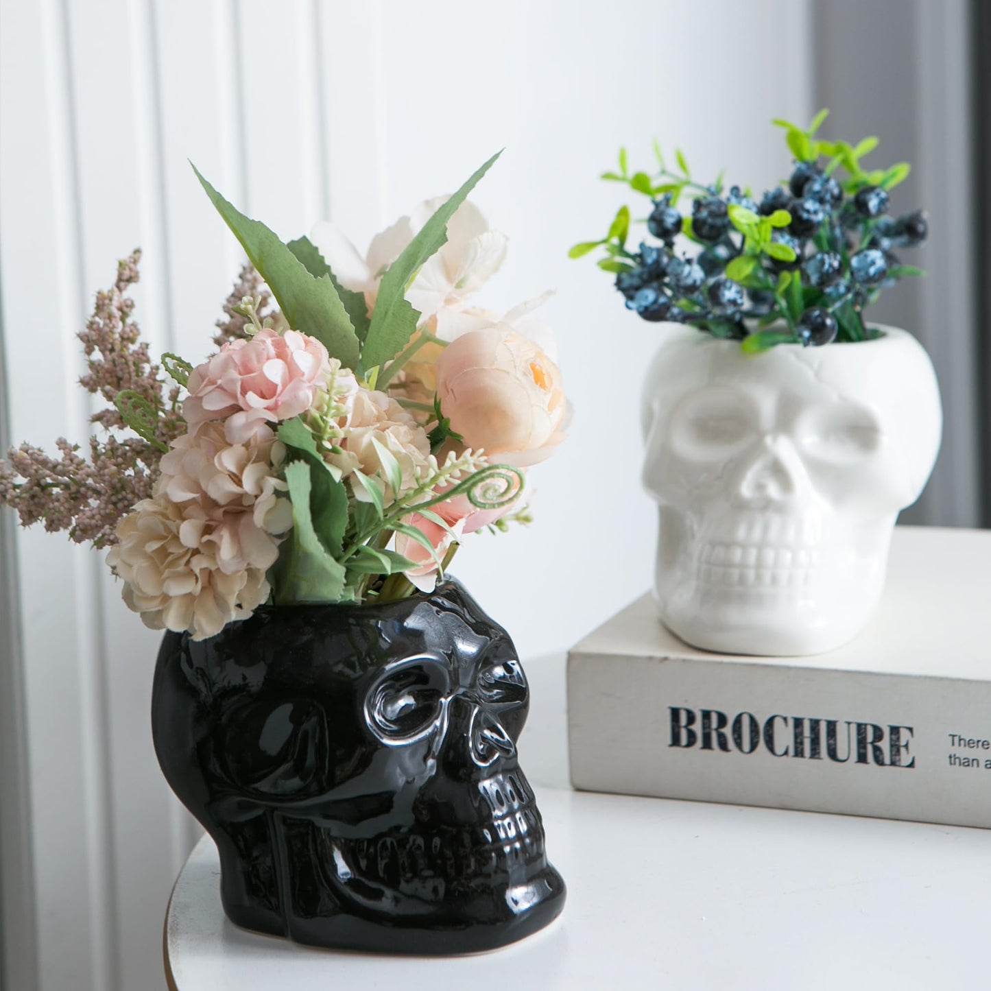Tanvecle 2 Pcs Skull Planter Pots, Skeleton Vase/Bowl for Flowers, Succulent, Cactus and Candy, for Gothic Home Office Desk, Halloween and Day of The Dead Decorations - White and Black