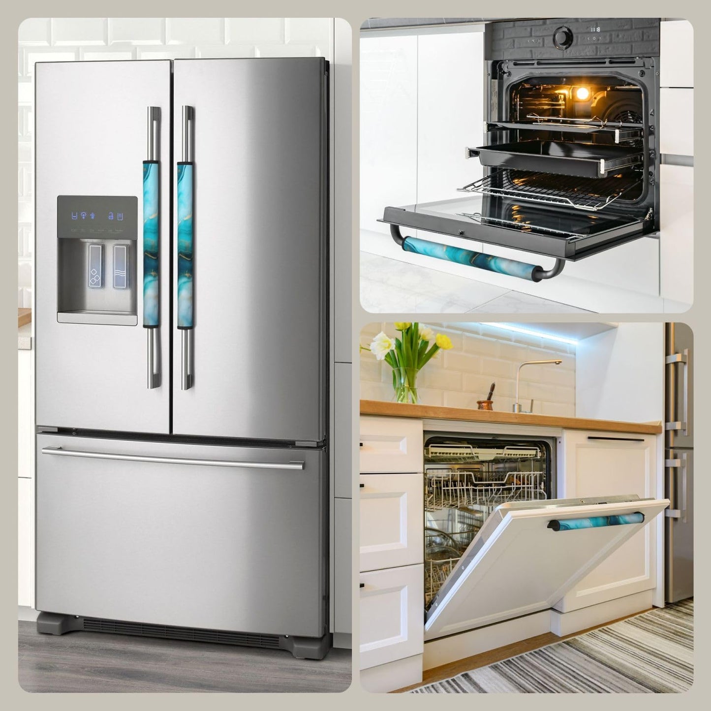 Edafol Teal Turquoise Liquid Marble 2 Pcs Refrigerator Door Handle Covers Set of 2 Non Slip Kitchen Appliance Fridge Handle Cover Oven Microwave Dishwasher Handle Dust Covers Protector