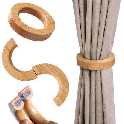 Magnetic Wood Curtain Holdbacks 1Pair – Strong Retro Tiebacks for Drapes, Window & Door, Use as Pants Hanger or Scarf Rack, European Style Organizer for Home, Nursery, Office (Wood)