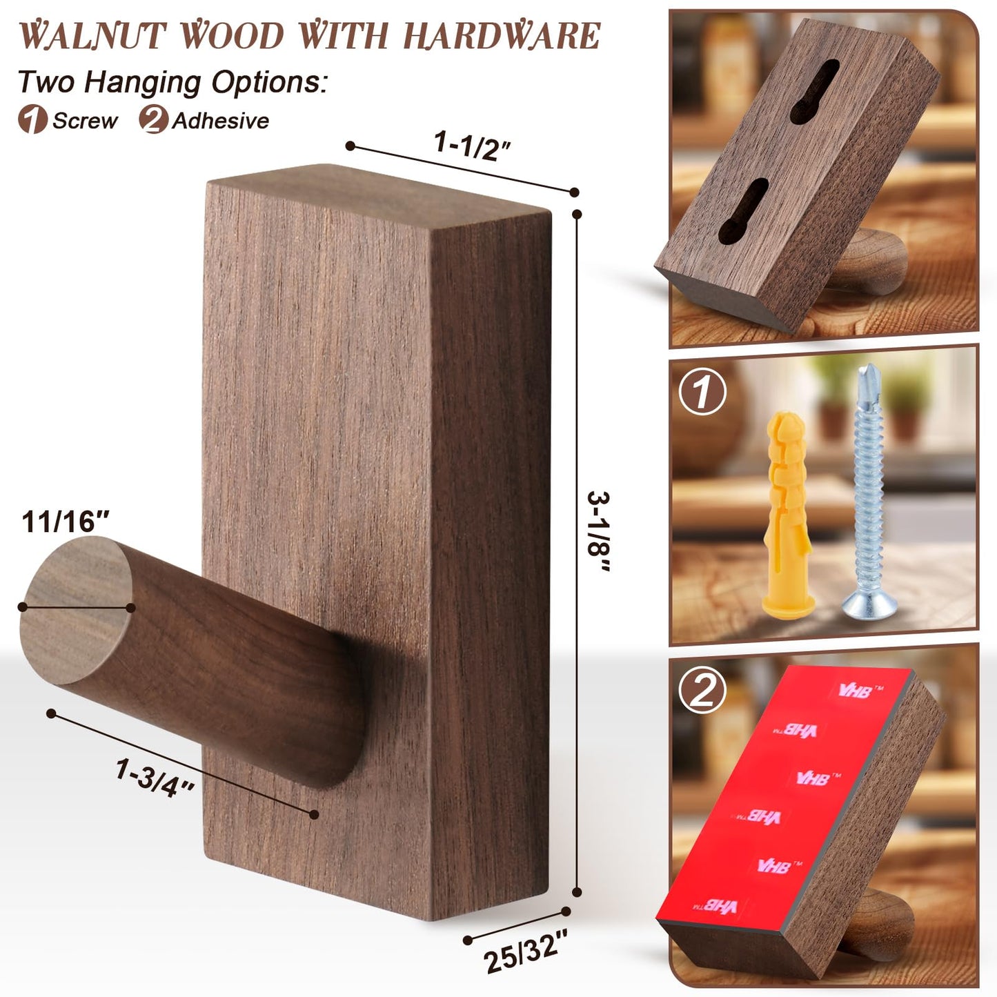 Felidio Natural Wooden Wall Hooks, Adhesive & Screw Mount Coat and Towel Hooks - Decorative Key Holder, Hat Rack, Stocking Wall Hangers for Bathroom Entryway Closet - 4 Pack, Walnut Wood