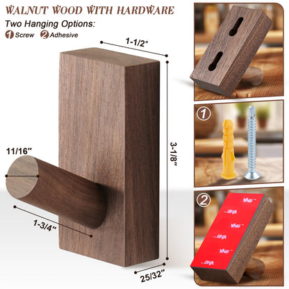 Felidio Natural Wooden Wall Hooks, Adhesive & Screw Mount Coat and Towel Hooks - Decorative Key Holder, Hat Rack, Stocking Wall Hangers for Bathroom Entryway Closet - 4 Pack, Walnut Wood