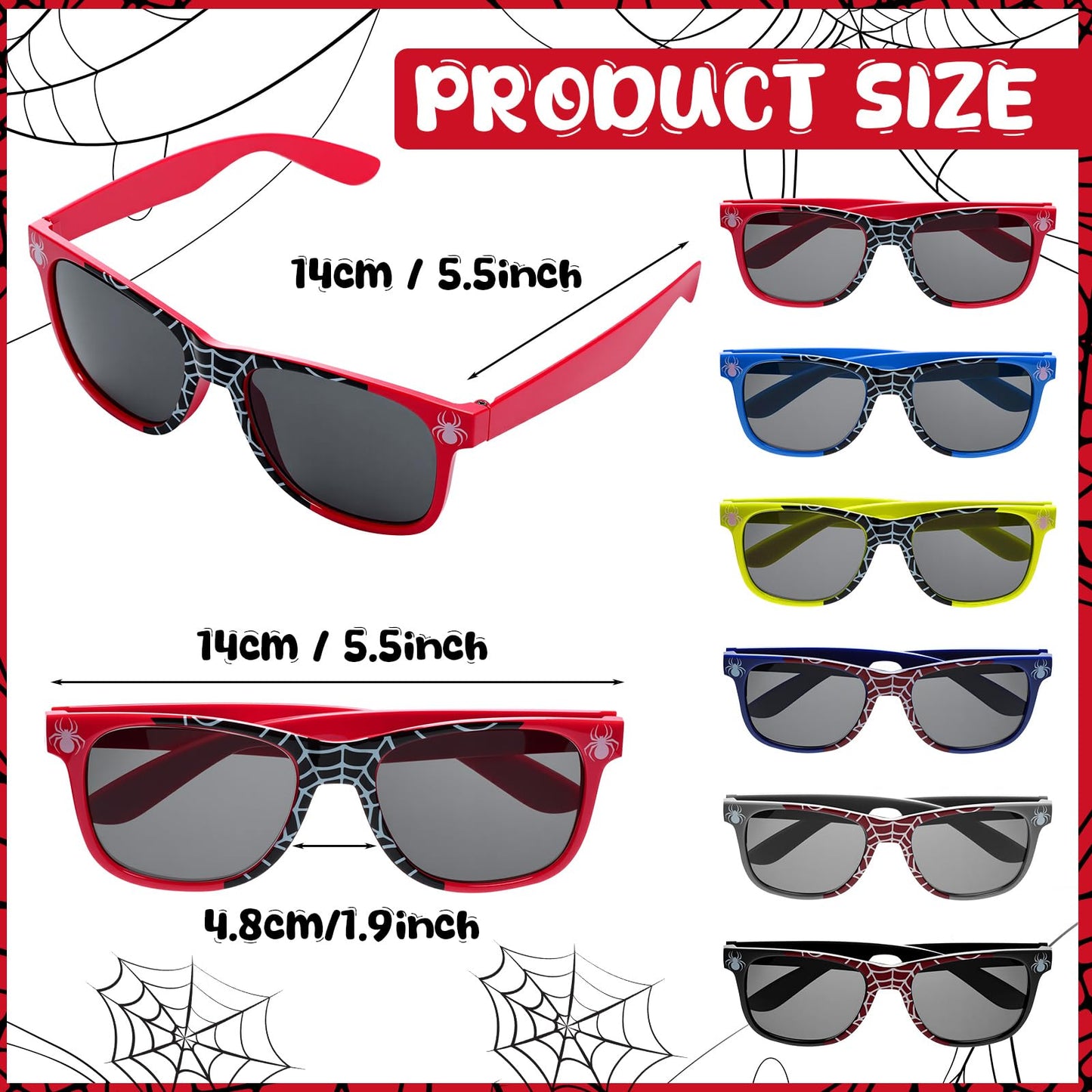Simgoing 120 Pcs Spider Party Favors Include Spider Sunglasses, Web Gift Tote Bags, Blue Red Black Rubber Wristbands, Silicone Keychains and Sticky Webs for Birthday Comic Themed Party Decoration