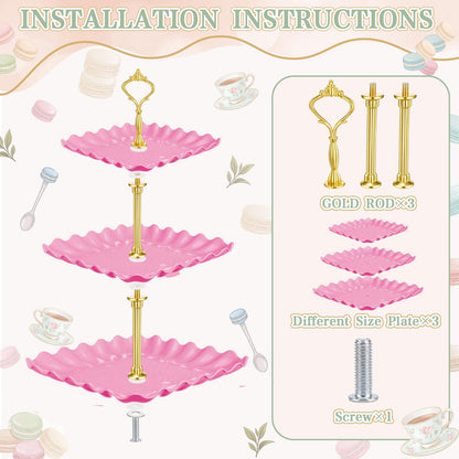 Remerry 16 Pcs Dessert Table Display Set 3 Tier Cupcake Stands Tower Holder Plastic Cookie Serving Trays Gold Serving Tongs for Tea Party Wedding Baby Shower Birthday Table Display (Pink and Green)