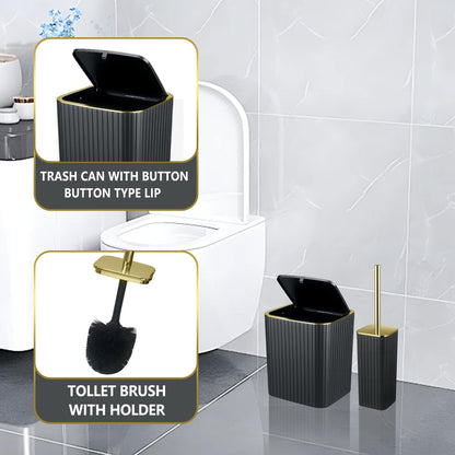 9PC Set Black and Gold Bathroom Accessories Set with Trash Can, Toilet Brush,Soap Dispenser, Q-Tip Holder | Modern Home Bath Essentials (Black and Gold)