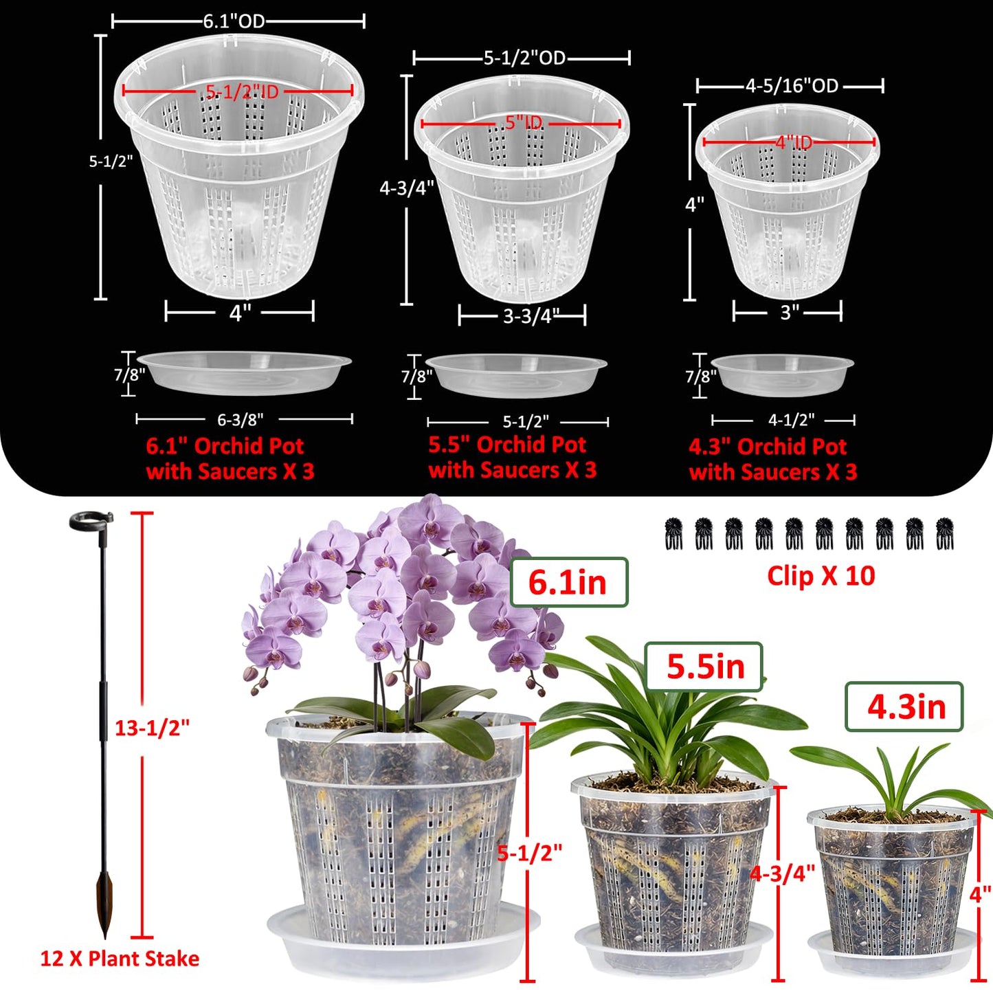 Orchid Pot with Saucers, 9 Pack Orchid Pots with Holes and 12Pcs Plant Stakes, 3 Each of 4.3",5.5",6.1" Clear Plastic Plant Pot for Indoor Outdoor Plants(3 Each of 4.3", 5.5", 6.1" + Saucers)