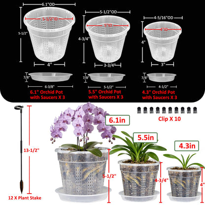 Orchid Pot with Saucers, 9 Pack Orchid Pots with Holes and 12Pcs Plant Stakes, 3 Each of 4.3",5.5",6.1" Clear Plastic Plant Pot for Indoor Outdoor Plants(3 Each of 4.3", 5.5", 6.1" + Saucers)