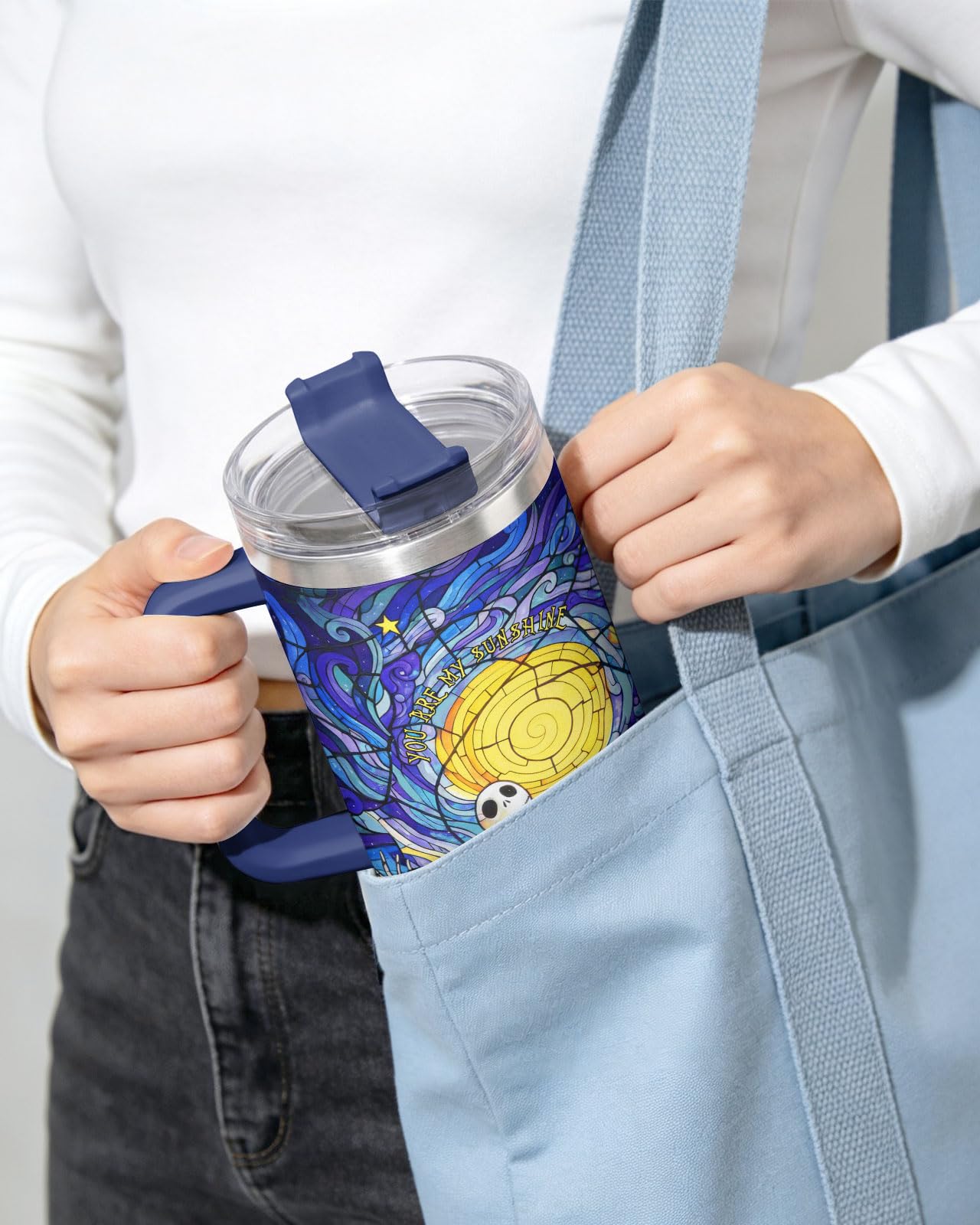 34HD Nightmare Skeleton Tumbler Starry Night Sunflower 40oz Tumbler Insulated Stainless Steel Gothic Art Coffee Cup Gifts for Movie Fans