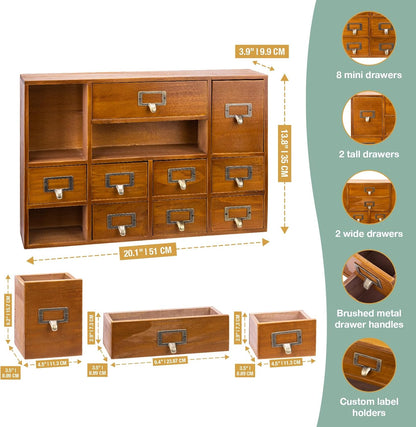 12-Drawer Apothecary Cabinet - Index Card Organizer - Vintage Chest of Drawers - Mahogany Wooden Organizer - Office Desktop Drawer Organizer for Herb Storage, Apothecary Diaries, Tea Collection