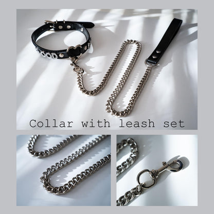 ADEMISHIA Black Heart O-ring Leather Collar and Leash Set, Adjustable Gothic Choker Necklace with Rhinestones Letters 38 Inches Durable Aluminum Chain Leash