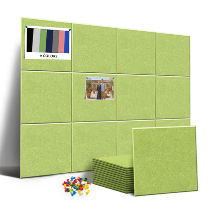 MISSDAY Green Acoustic Wall Panel Large Felt Bulletin Board 48" x 36" Cork Board for Wall, 12-Pack Boards with 72 Adhesive Tabs, 50 Pins, Pin Board for Home Office Classroom Soundproof Wall Tile