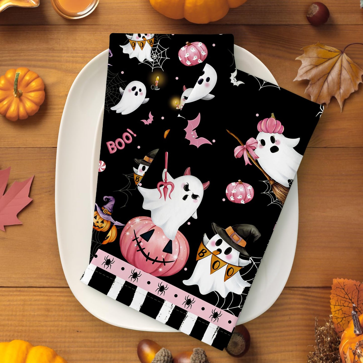 Arquiel Halloween Cute Boo Pumpkin Tea Towels, Cotton Kitchen Towel 18.9 × 27.5 Inch, Quick Drying Dish Cloth for Party Anniversary Holiday Decoration Housewarming Gifts