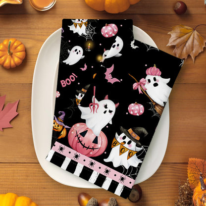 Arquiel Halloween Cute Boo Pumpkin Tea Towels, Cotton Kitchen Towel 18.9 × 27.5 Inch, Quick Drying Dish Cloth for Party Anniversary Holiday Decoration Housewarming Gifts