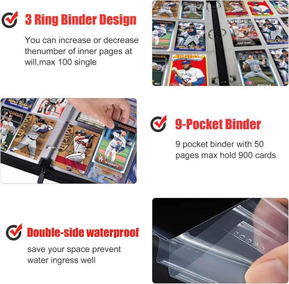 900 Pockets Baseball Card Binder, Portable Waterproof Storage Album with Removable Sleeves for Baseball Sports Cards 2025 2026 Collectors