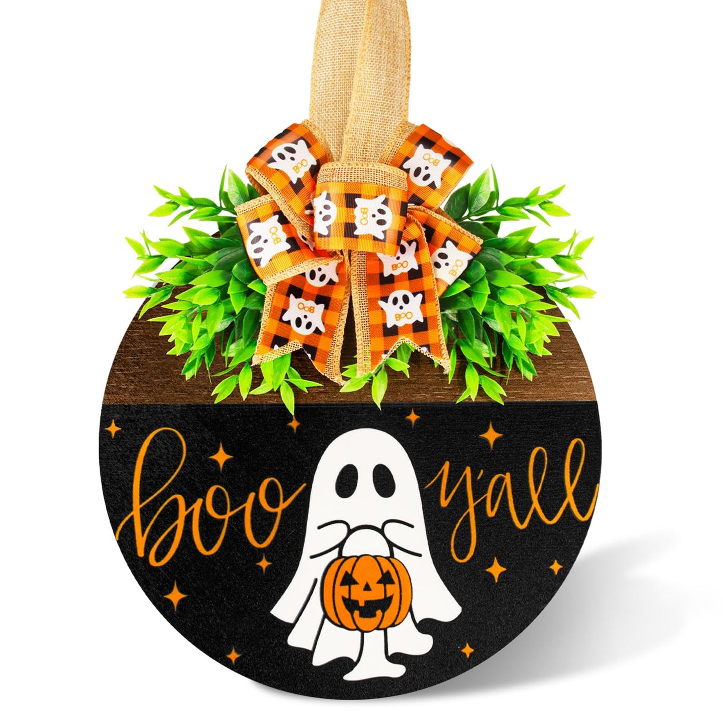 Halloween Wooden Welcome Sign for Front Door Hanging Spooky Ghost Boo Yall Sign with Bow Halloween Wooden Door Hangers Wreath for Farmhouse Home Window Outdoor Wall Party Decoration Supplies