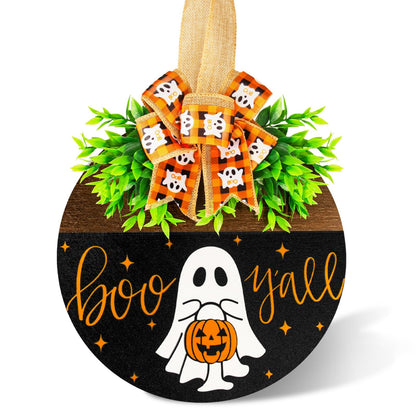 Halloween Wooden Welcome Sign for Front Door Hanging Spooky Ghost Boo Yall Sign with Bow Halloween Wooden Door Hangers Wreath for Farmhouse Home Window Outdoor Wall Party Decoration Supplies