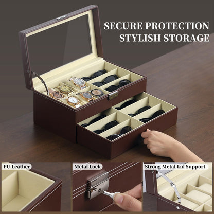 AUTOARK Leather 6 Watch Box Jewelry Case and 9 Piece Eyeglasses Storage and Sunglass Glasses Display Drawer Lockable Case Organizer,Brown,AW-130