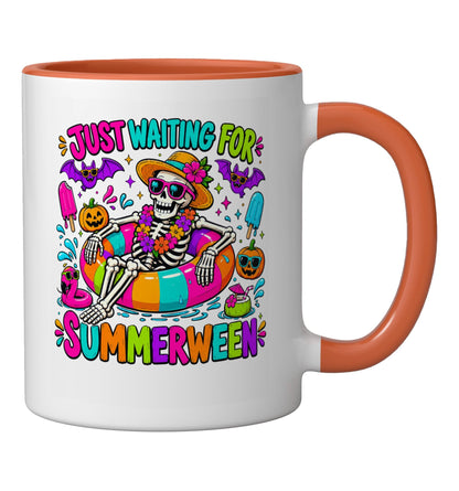 Just Waiting For Summerween Funny Halloween in Summer Quote Ceramic Mug, Orange/White