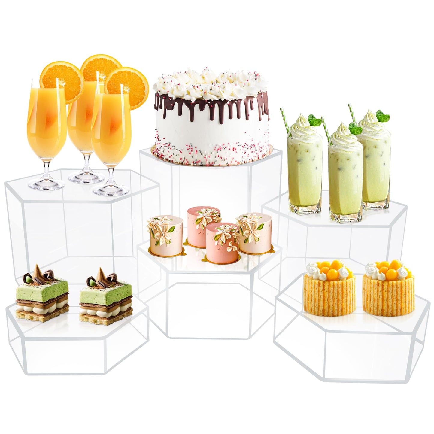 koretech 6 Pcs Buffet Risers, Dessert Stands, Acrylic Boxes for Display, Hexagonal Jewelry Showcase, Riser Display Cases Acrylic Display Base, Clear