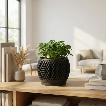 Fabix3D Plant Pots, Modern 3D Printed Honeycomb Planters for Indoor Plants, 4.7 Inch Matte Black Decorative Flower Pot for Office Desktop, Bookshelf & Home Decor, Lightweight & Durable.