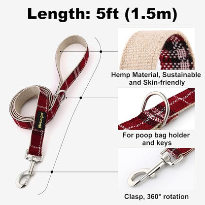 Plutus Pet Cotton Hemp Dog Collar and Leash Set, Adjustable Collar for Small, Medium, and Large Dogs, Heavy Duty and Soft on Skin, Red Plaid, XS