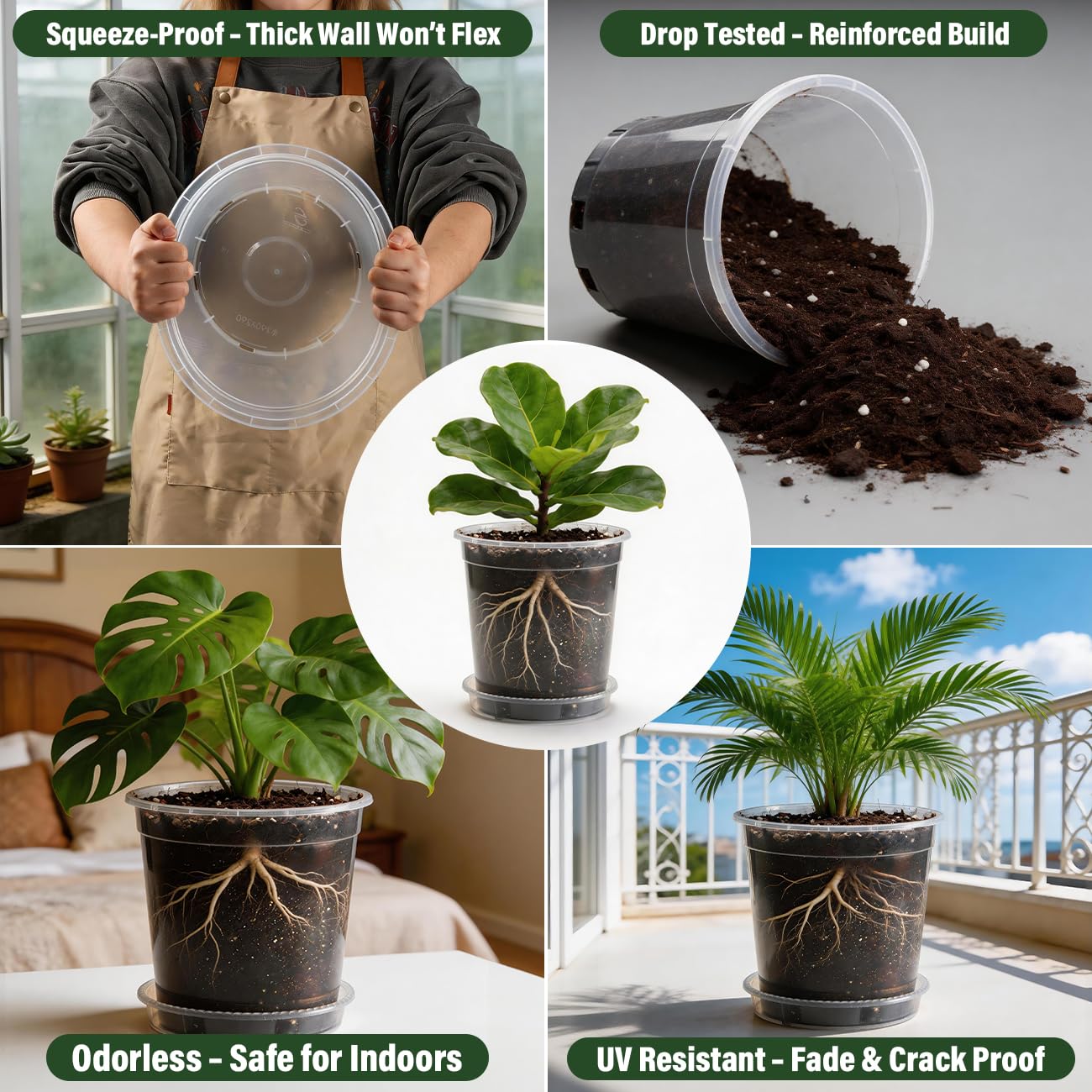 BTPLASTIK 1 Gallon Clear Nursery Pots with Saucers 10P, 6.5 Inch Round Plastic Plant Pots with Drainage Holes