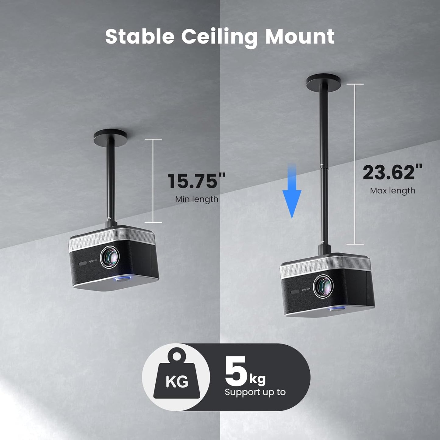 Aurzen Projector Ceiling Mount with New Gimbal, 15.75" - 23.62" Adjustable Length, ¼-Inch Screw, Compatible with TMY, HAPPRUN, Yaber, Epson & Most Projectors, Ceiling/Wall Use with Adjustable Angle