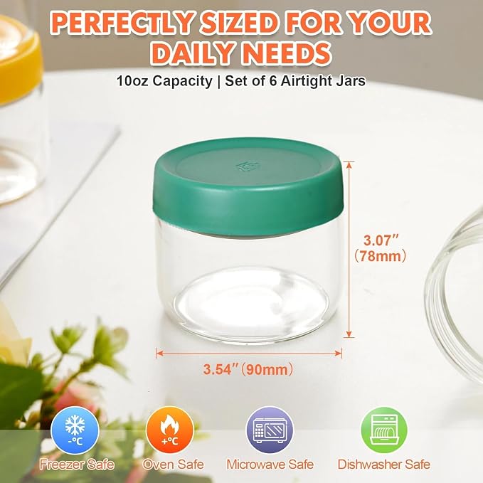 6 Pack 10oz Borosilicate Glass Jars with Lids – Fits 1 Cup Recipes and Toppings – Freezer to Oven Safe (-4°F to 446°F) Meal Prep Containers for Chia Pudding, Overnight Oats, Yogurt